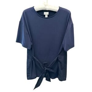 AVA & VIV | Navy Blue Mixed Fabric Knit Blouse Tie Front Short Sleeve Top | 14